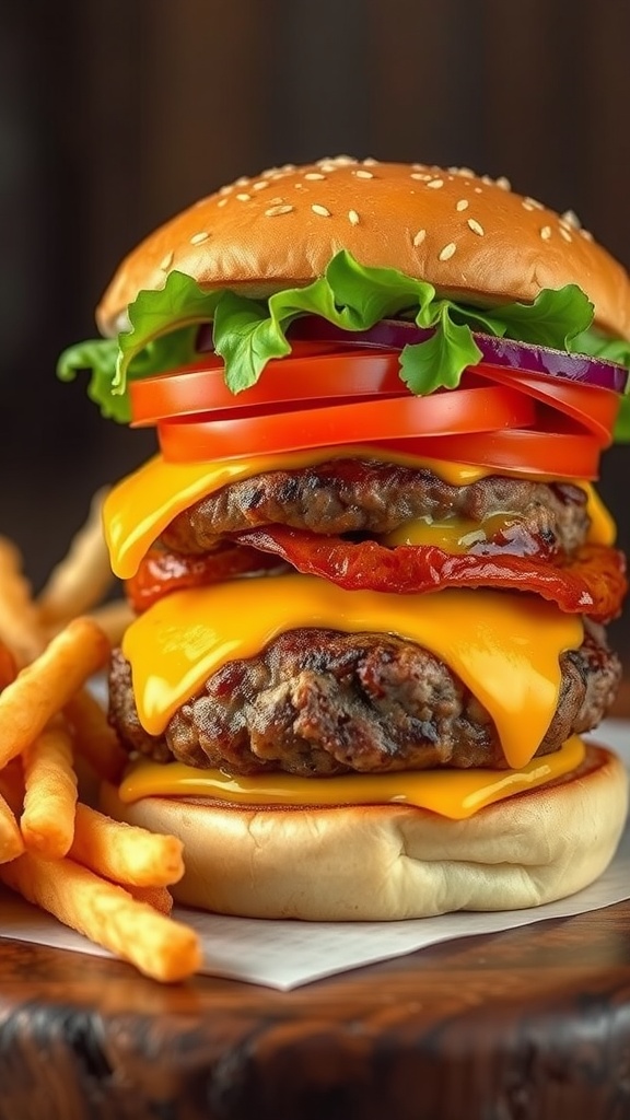 Juicy 7-bone burger with melted cheese and fresh toppings, served with fries.